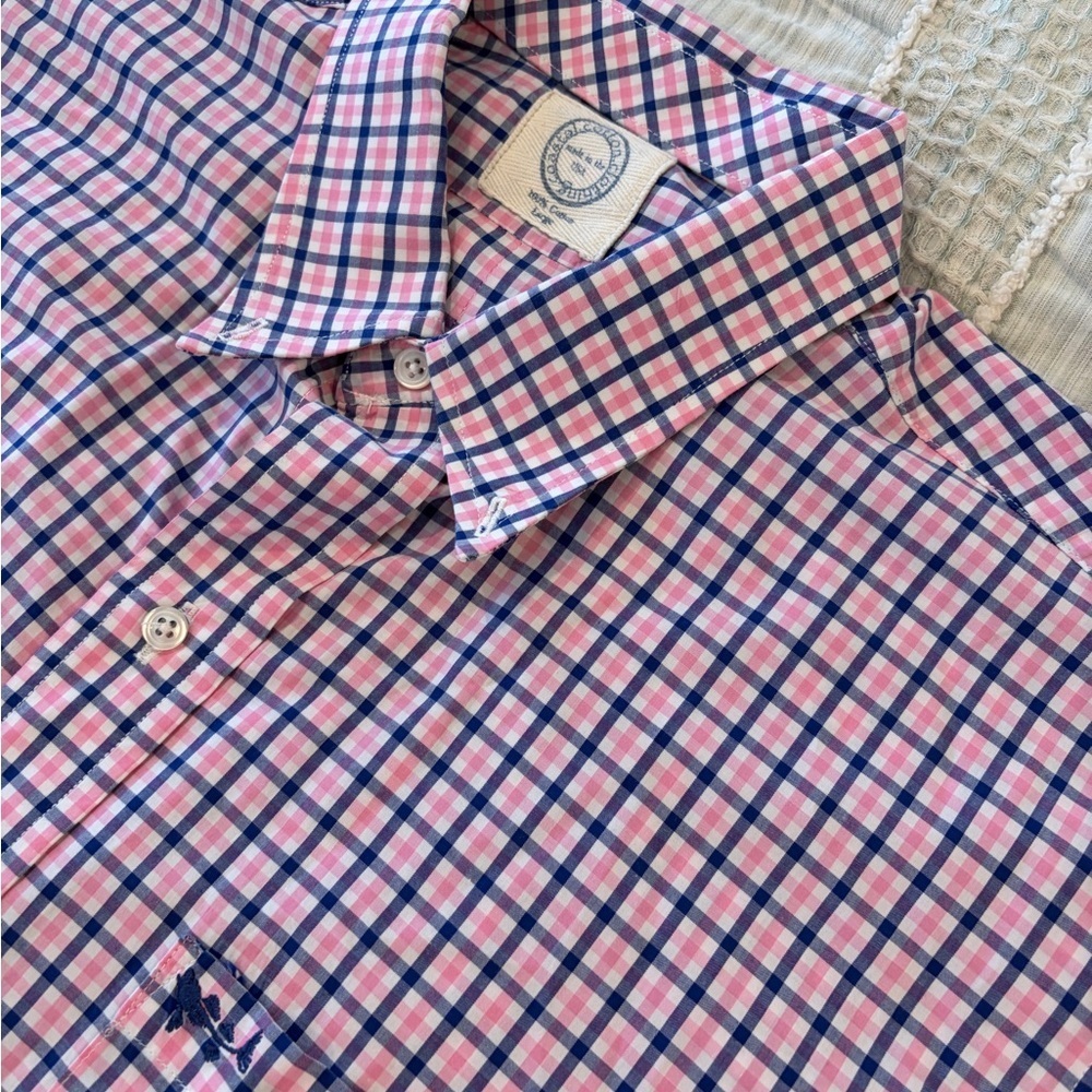 Coastal Cotton Pink Blue White Plaid Button Down Men’s Large